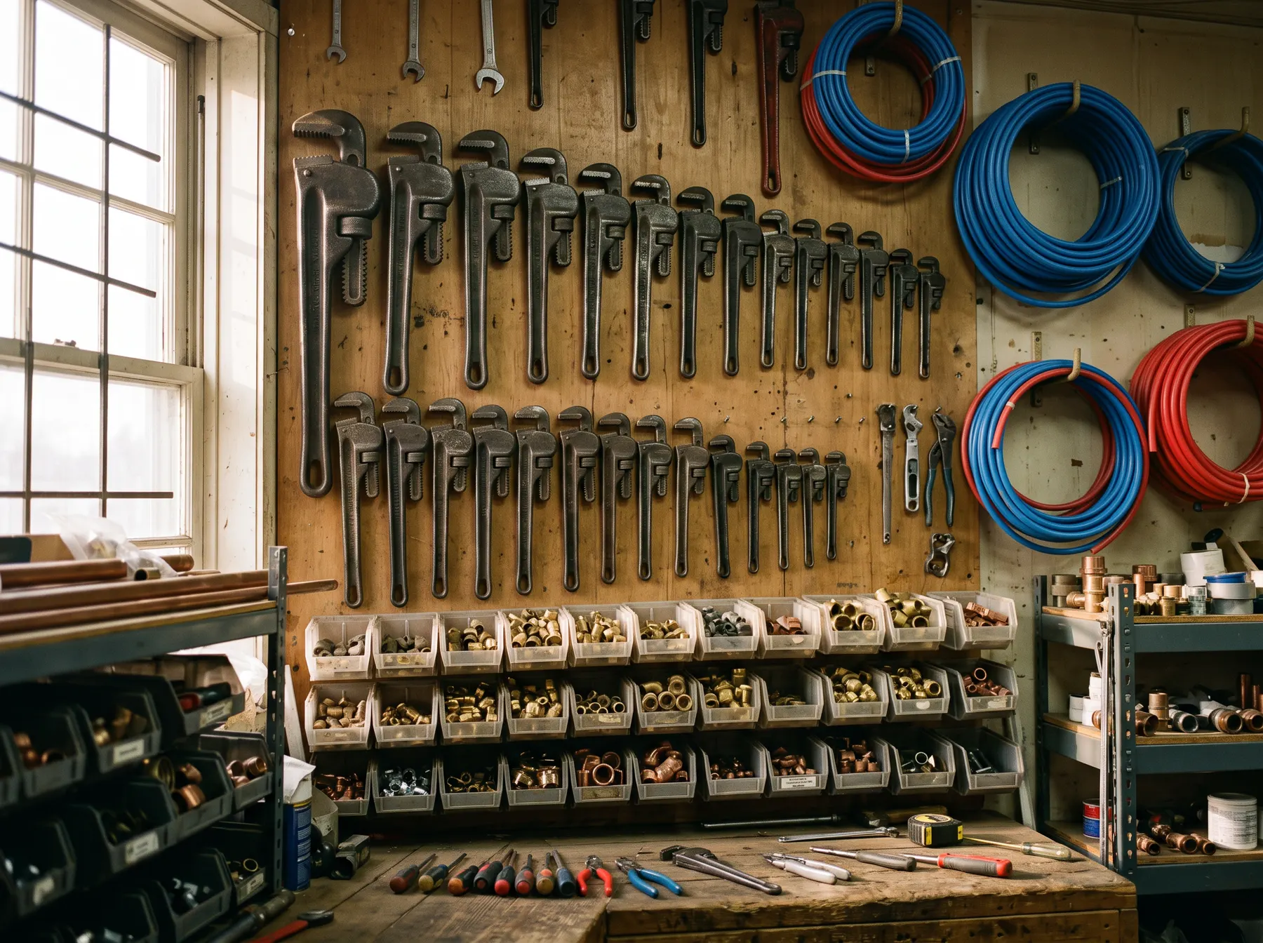 A workshop wall of pipe wrenches, brass fittings and coiled PEX.