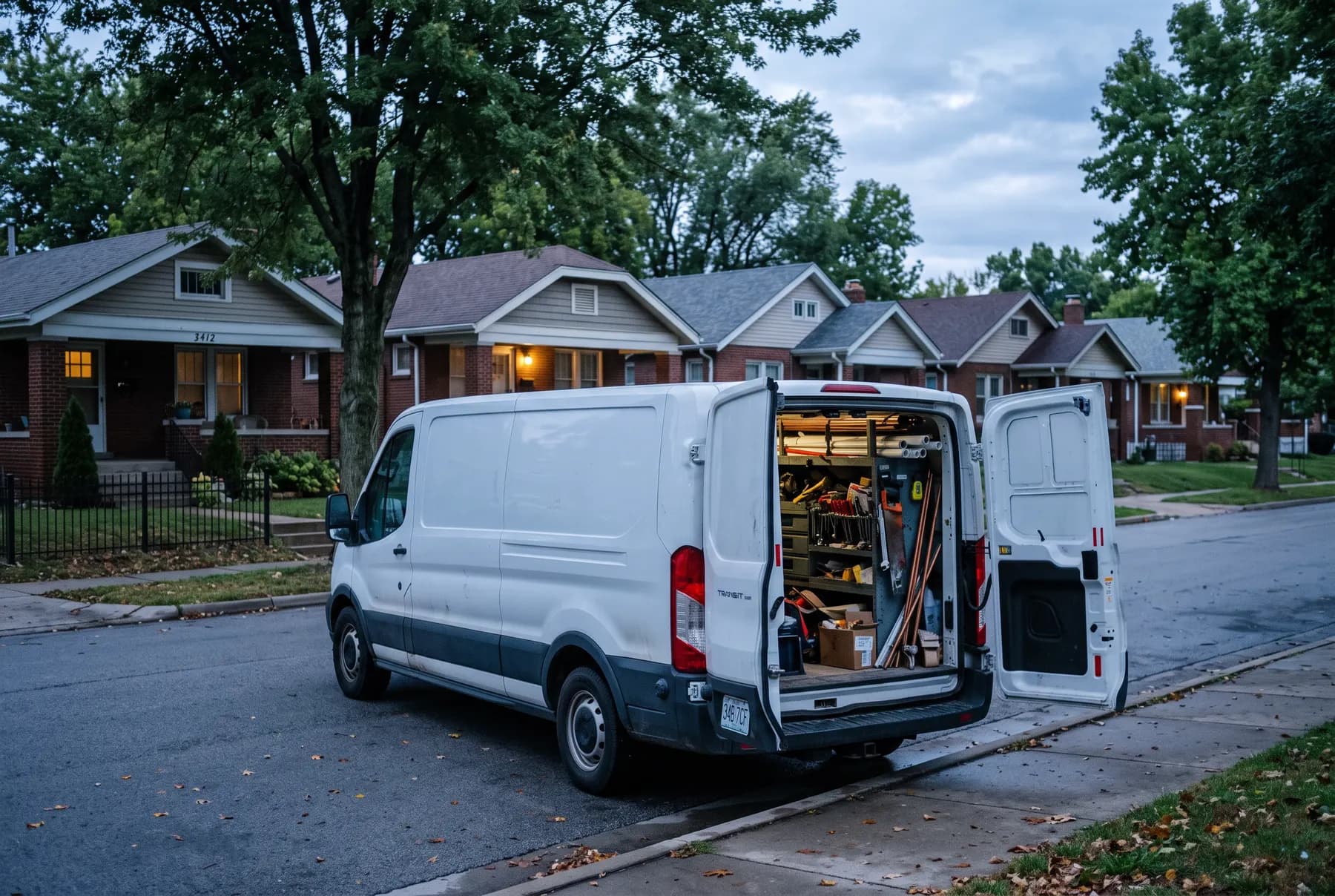 A plain white work van parked on a quiet Kansas City street at dawn with its rear doors open.
