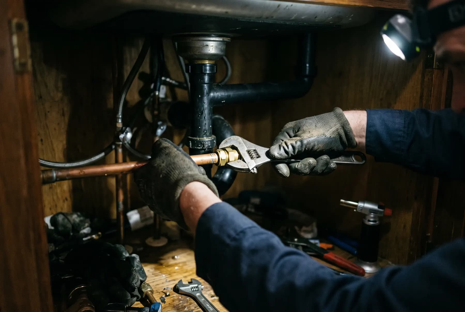 A plumber's gloved hands tightening a brass fitting under a kitchen sink by headlamp.