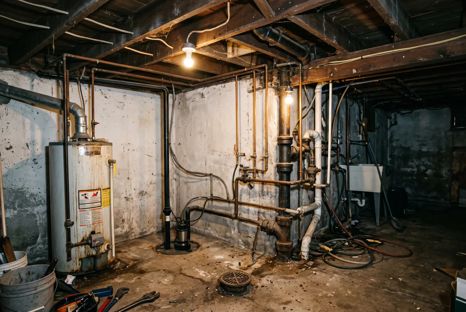 An older basement utility corner with old and new pipework side by side.