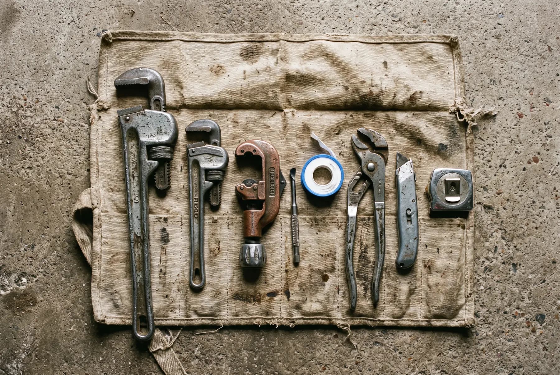 Well-used plumbing hand tools laid out on a canvas roll.