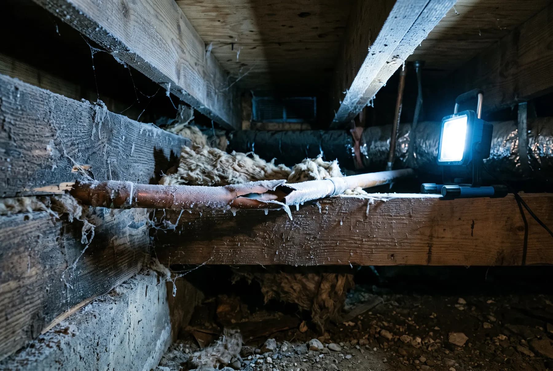 A split copper pipe in a frosted crawl space.