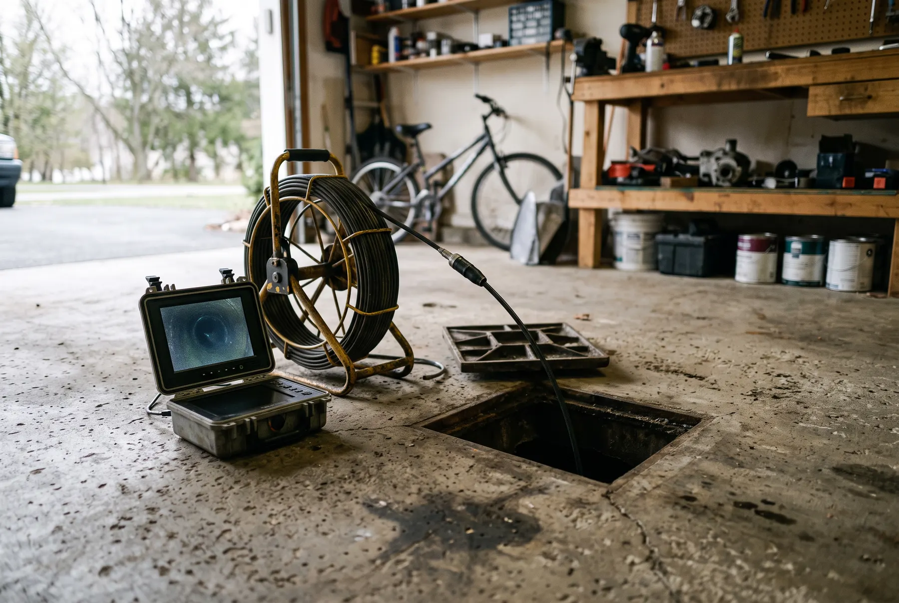 A drain camera reel and monitor beside an open floor cleanout.