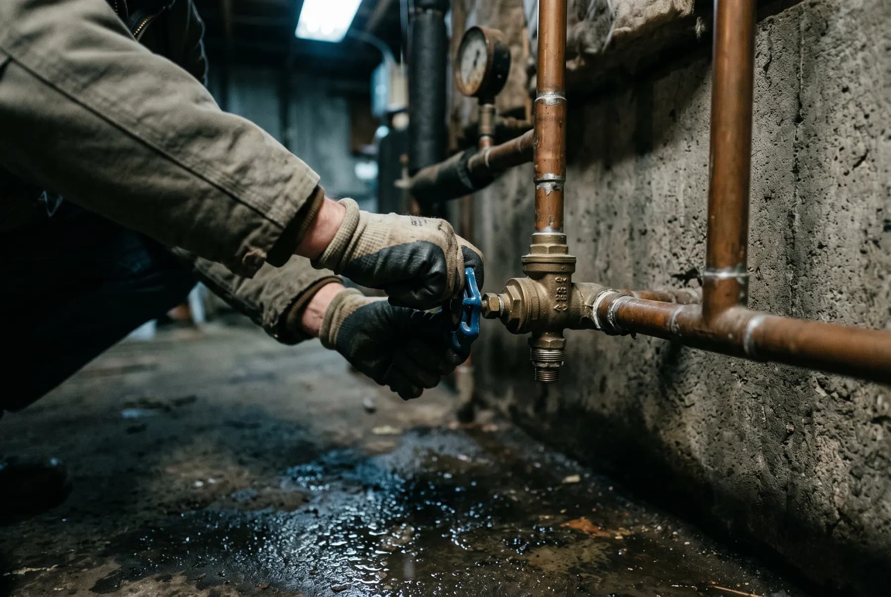 A gloved hand closing a main water shut-off valve on a copper line in a basement.