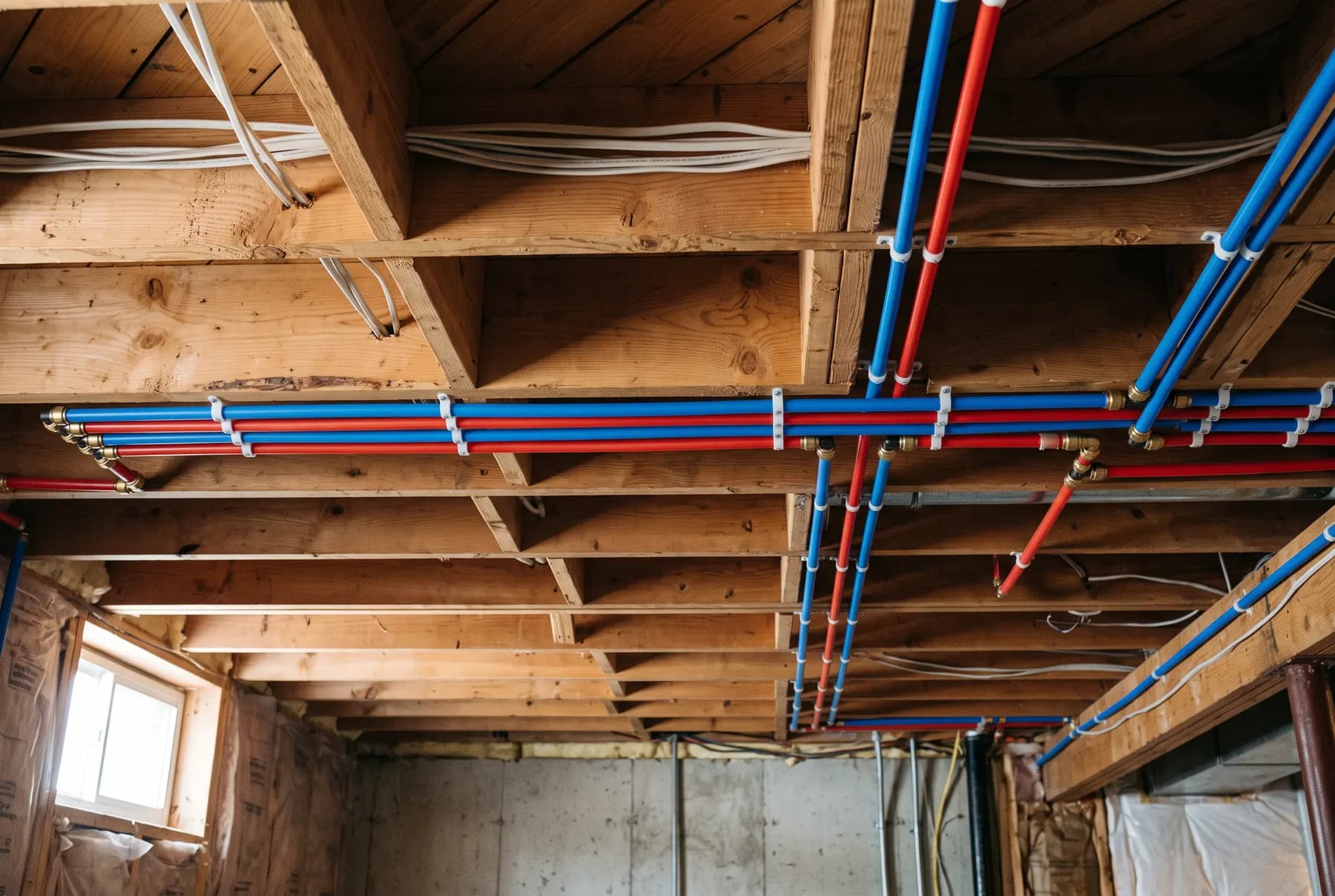 New PEX water lines clipped neatly along basement floor joists.