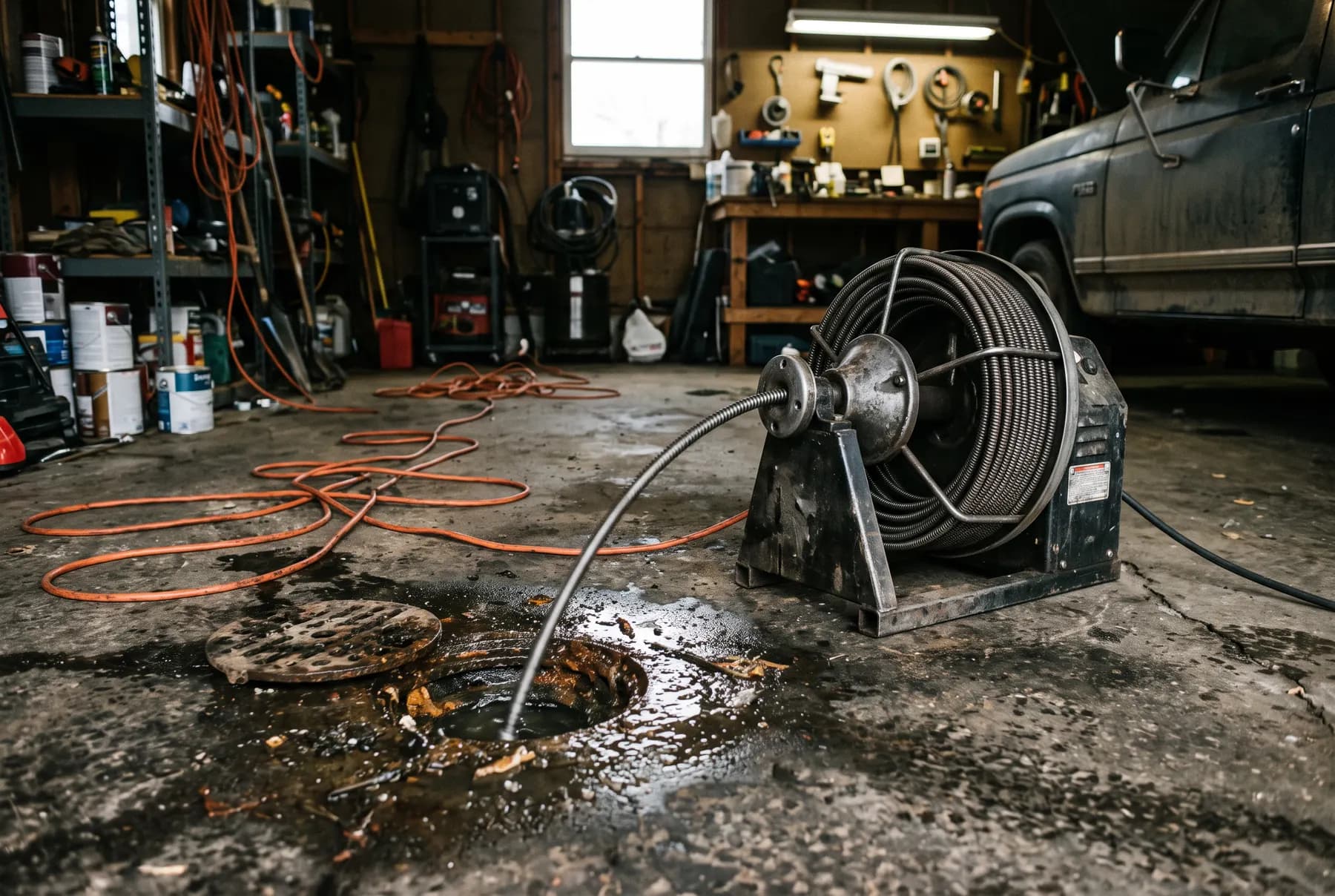 A mechanical drain auger feeding into a floor drain in a residential garage.