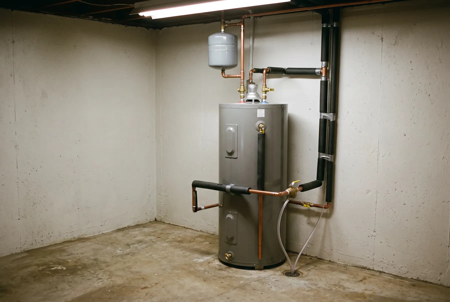A newly installed tank water heater with neat copper supply lines.